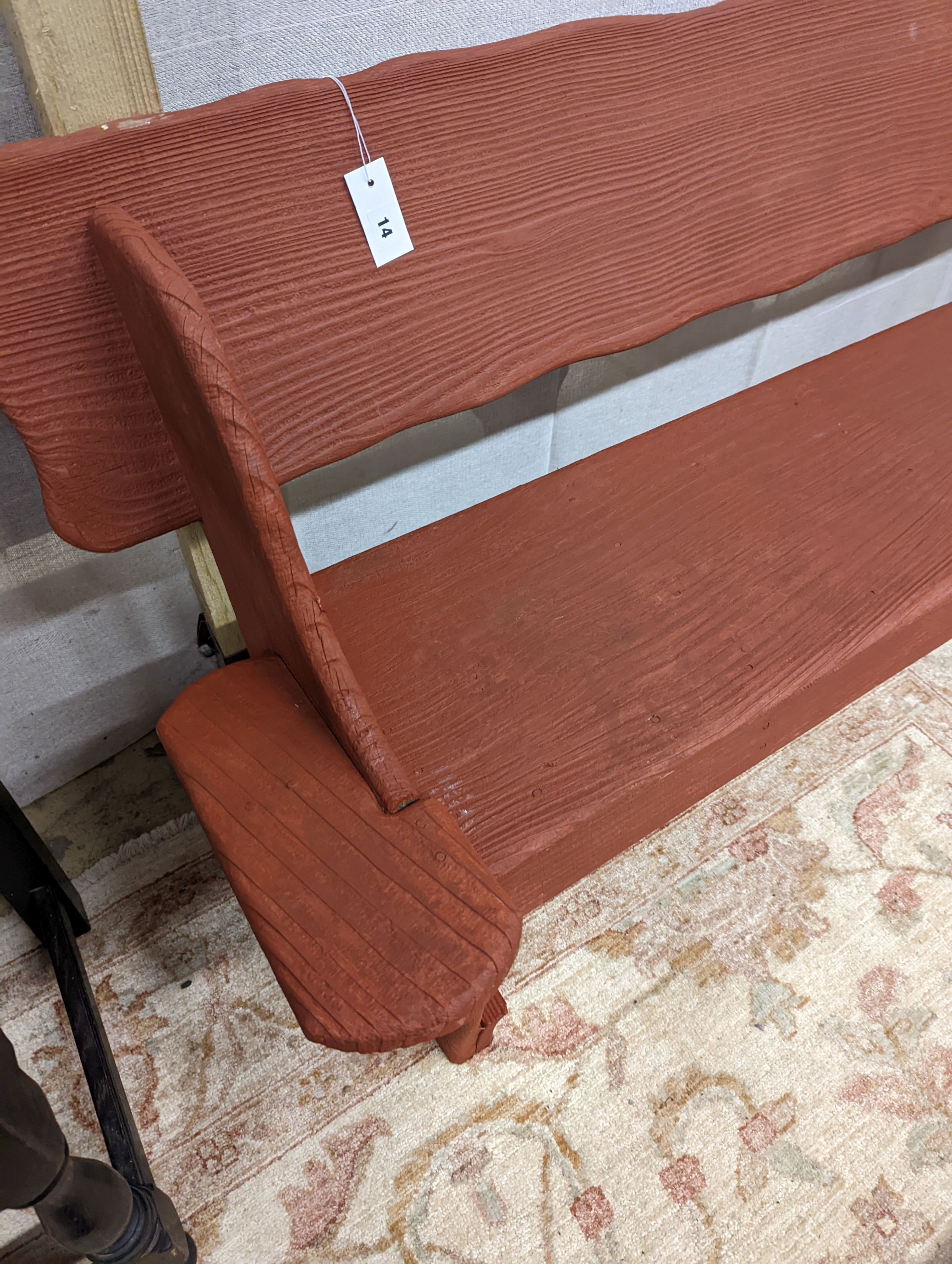 A painted low wooden garden bench, length 146cm, depth 45cm, height 71cm